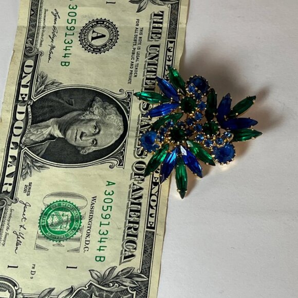 Vintage Blue Green Rhinestone Brooch Mid Century Statement Pin - Picture 6 of 6